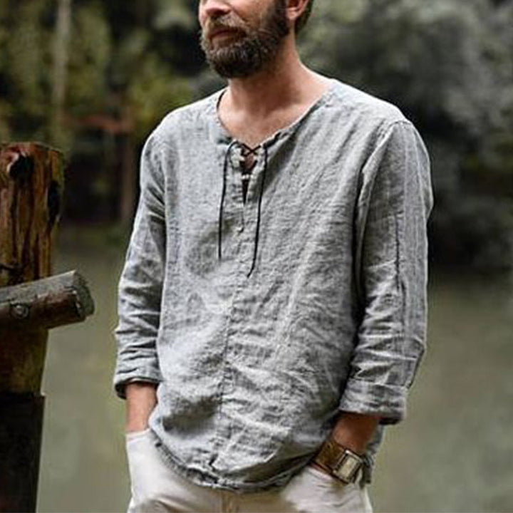 Men's Casual Linen Shirt with Decorative Lace-Up Closure Mune
