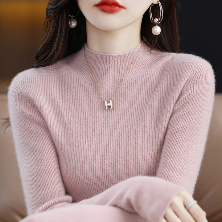 Ladies knit pullover with stand-up collar, seamless