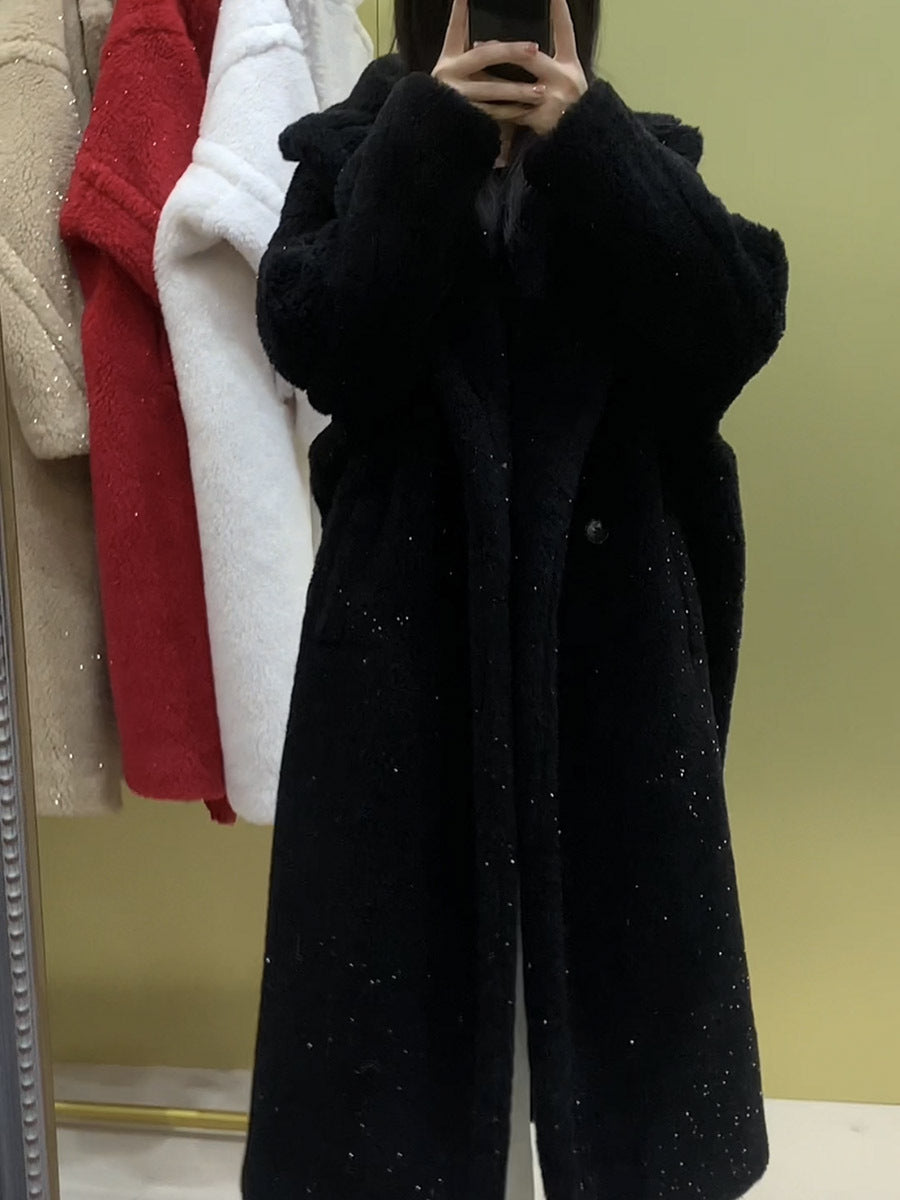 Teddy Coat with Gloss Effect, Mid-Length, Women's
