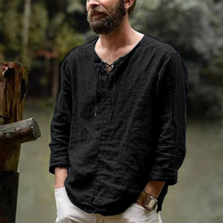 Men's Casual Linen Shirt with Decorative Lace-Up Closure Mune