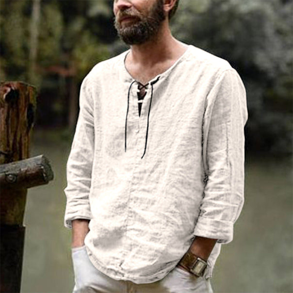 Men's Casual Linen Shirt with Decorative Lace-Up Closure Mune