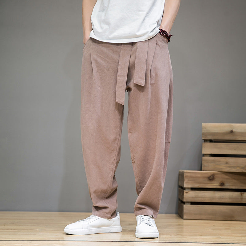 Men's loose linen pants with drawstring and tapered leg Mune Fashion