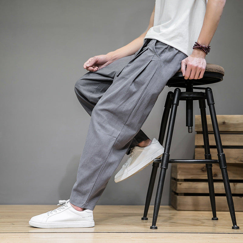 Men's loose linen pants with drawstring and tapered leg Mune Fashion