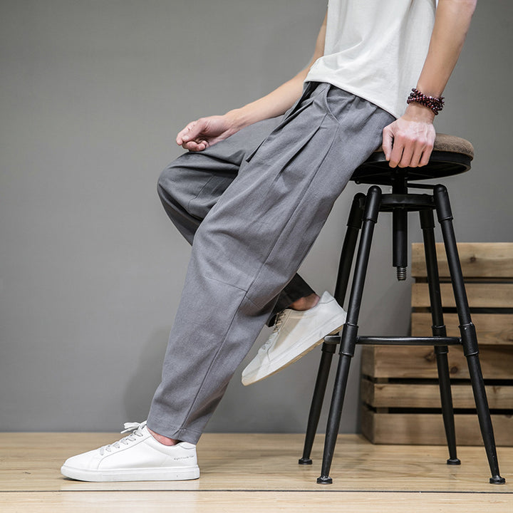 Men's loose linen pants with drawstring and tapered leg Mune Fashion
