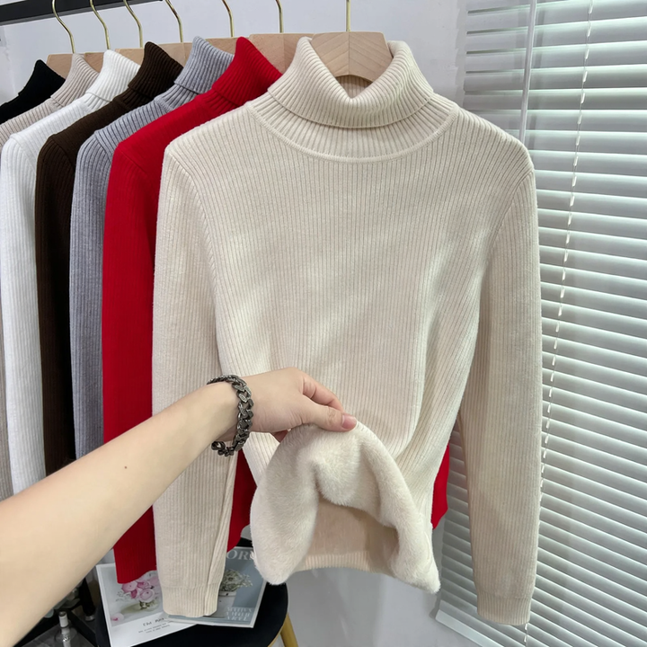 Ribbed women's turtleneck sweater, lined