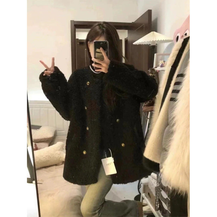 Padded lamb fleece jacket for women, double-breasted