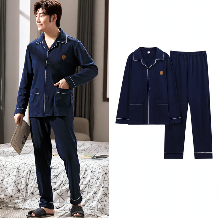 Men's Pajama Set, Cotton, Long Sleeve, with Button Placket