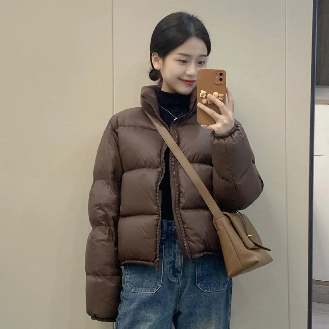 Women’s down jacket, short, white duck down, stand-up collar