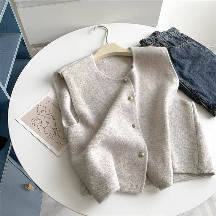 Women's knit sweater with stand-up collar, solid color