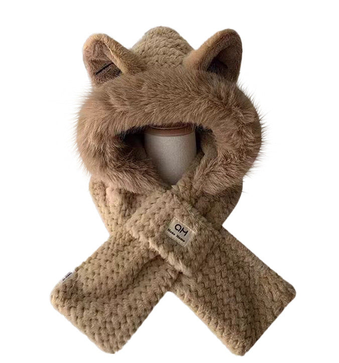 Plush hooded scarf, 2-piece set, lined