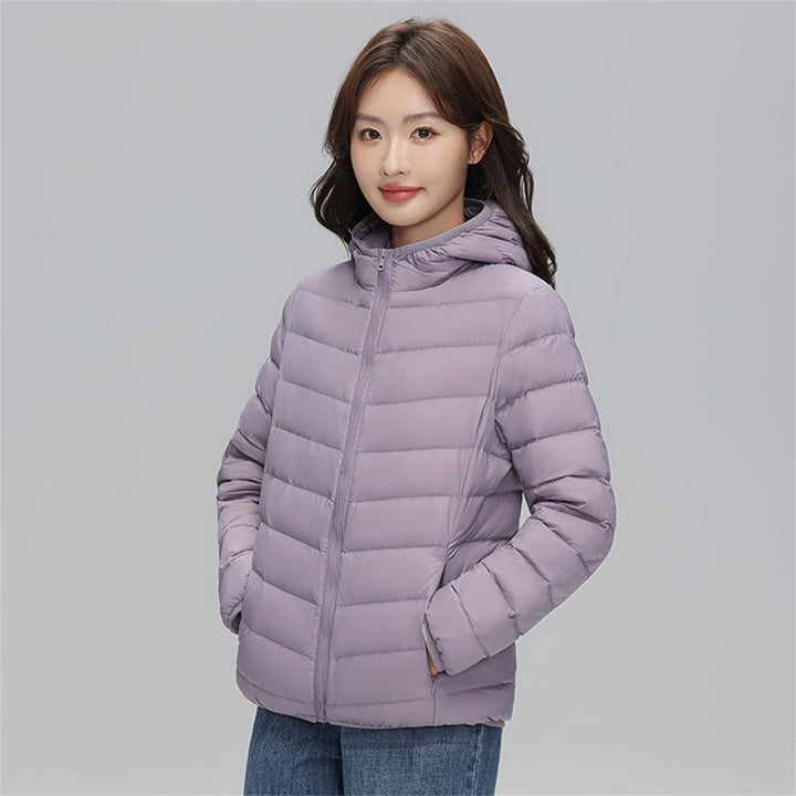 Women's down jacket, short, with hood, lightweight and warm