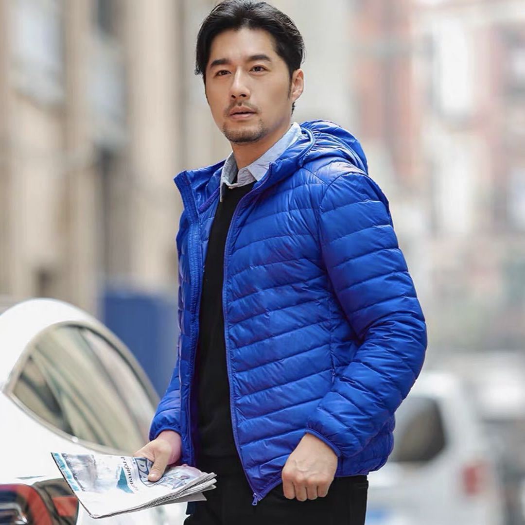 Light men's down jacket with hood, white duck down lining