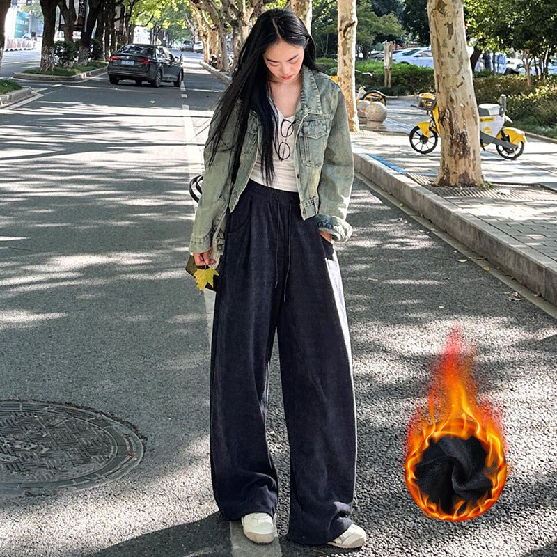 Women's corduroy pants with drawstring and high waistband