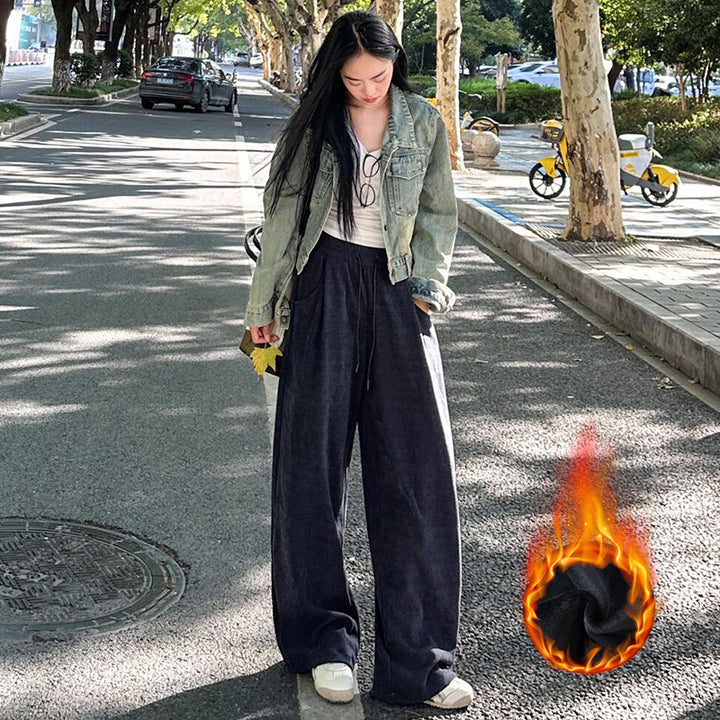 Women's corduroy pants with drawstring and high waistband