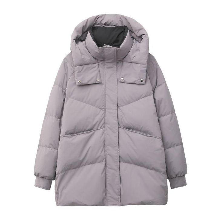 Women's down jacket, mid-length, with contrast design