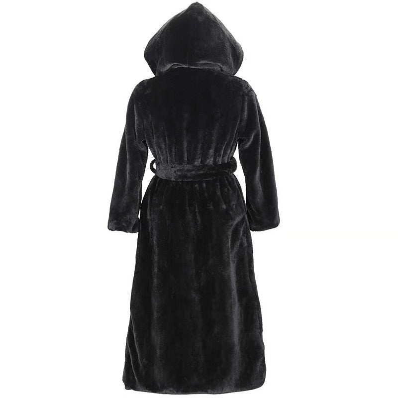 Long women's faux fur coat with hood, lined