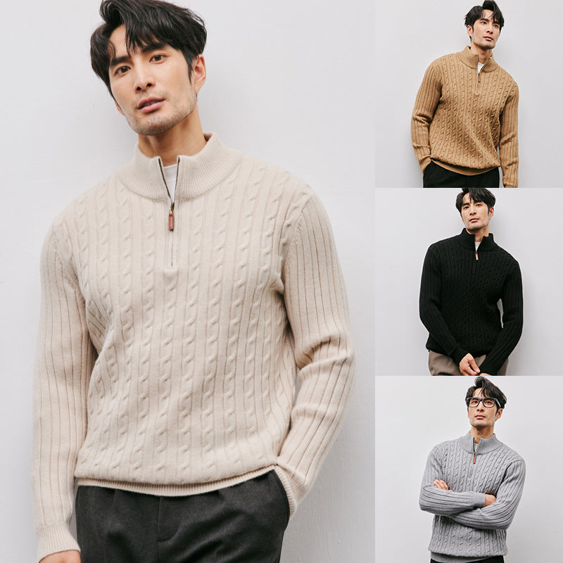 Men's knit sweater with stand-up collar and zipper