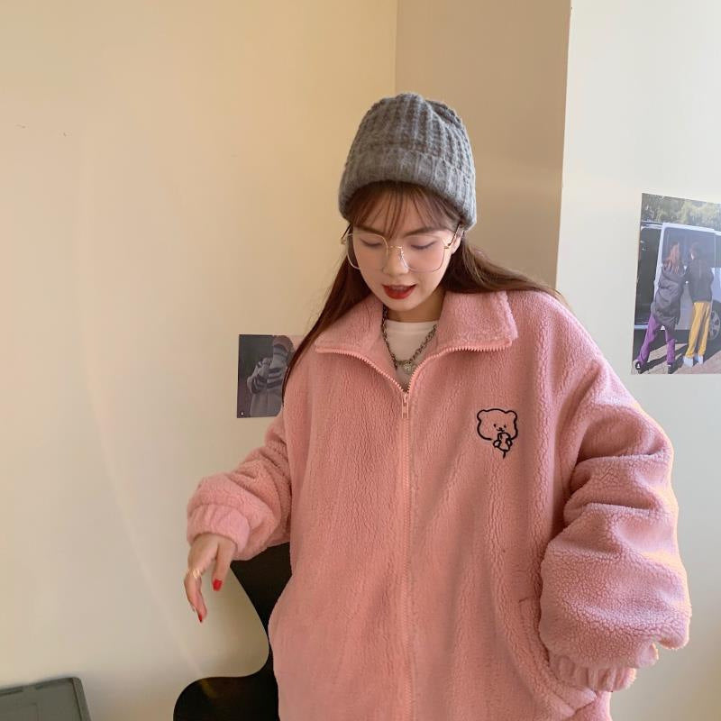 Casual teddy fleece jacket with stand-up collar and bear motif
