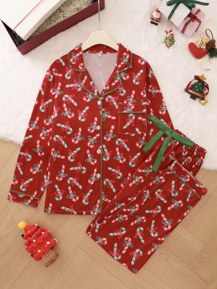 Women's Pajama Set, Long Sleeve, Christmas Motif, Notched Collar