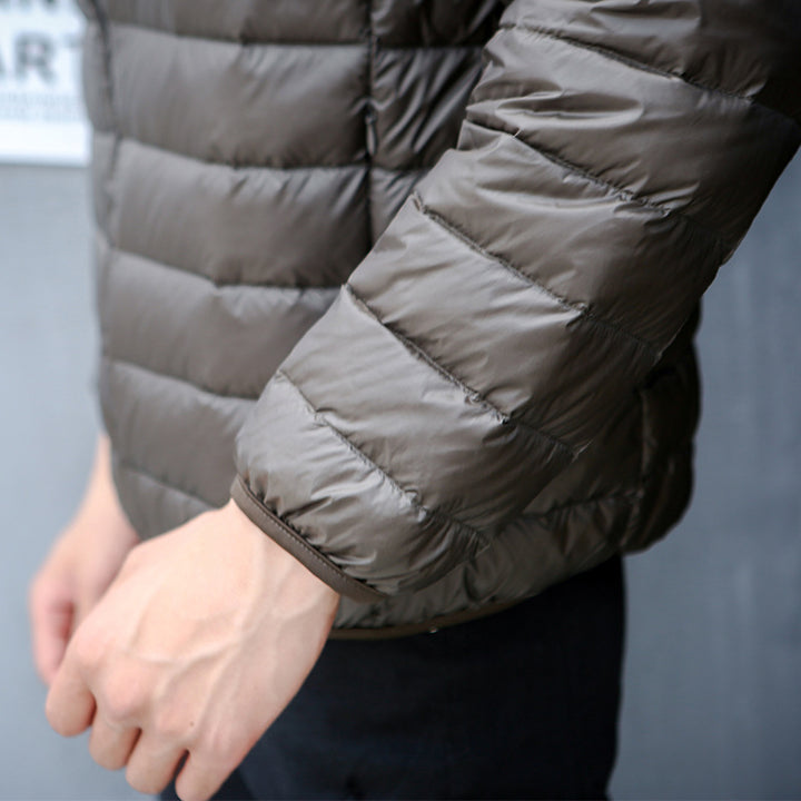 Light men's down jacket, stand-up collar, slim fit