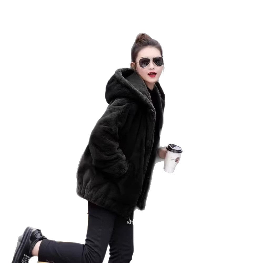 Fluffy hooded coat in rabbit fur look