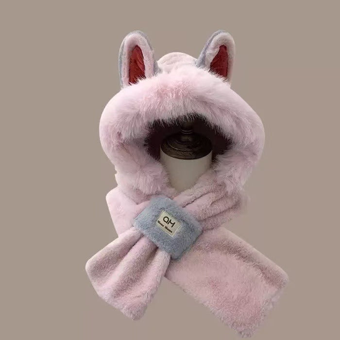 Women's Plush Hooded Scarf with Bear Design