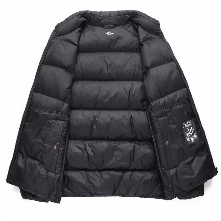 Warm men's down jacket, simple design