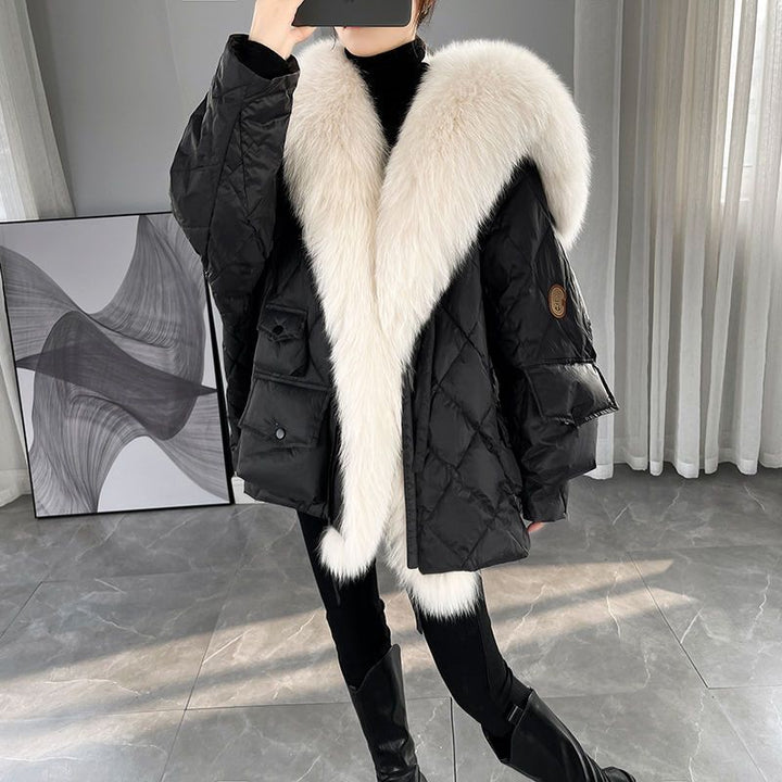 Mid-length faux fur coat with sailor collar