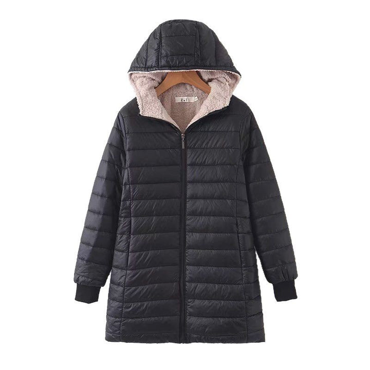 Padded women's winter coat with hood and lambskin look