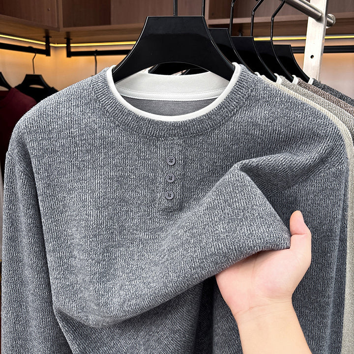 Men's knitted sweater, round neck, long sleeve, fake layer look