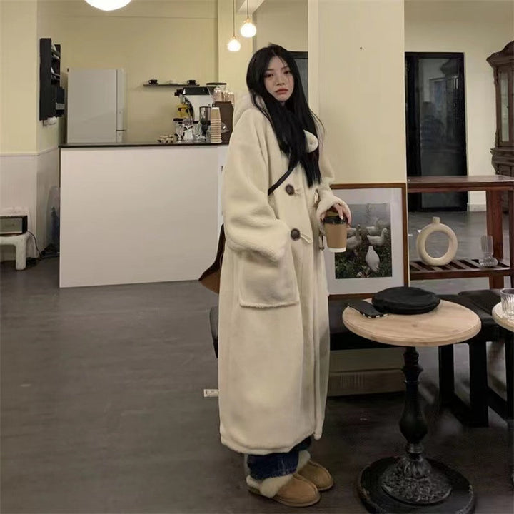Long lamb fleece imitation coat with toggle buttons