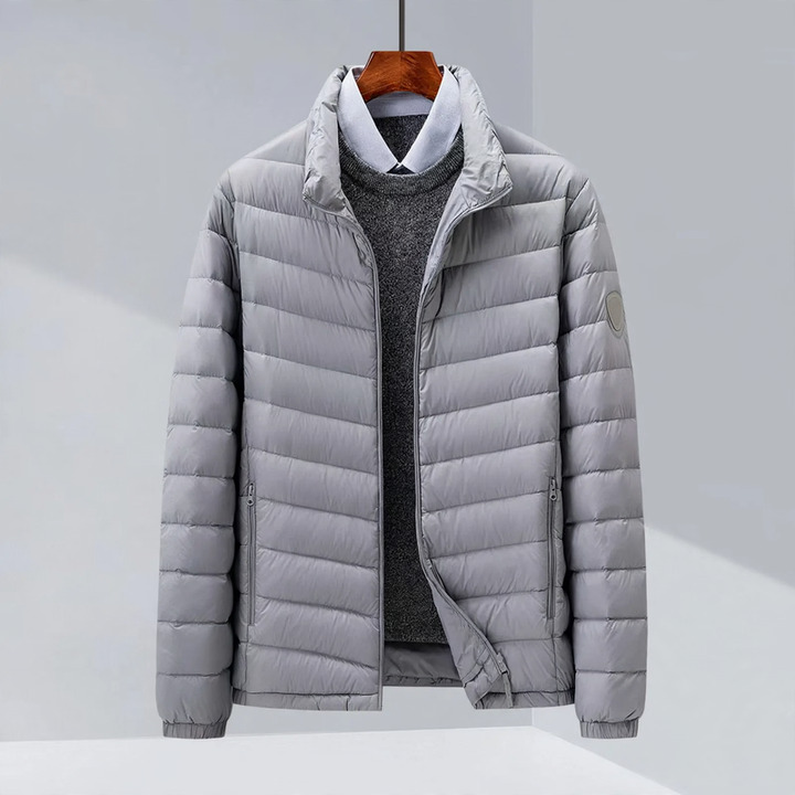 Light men's down jacket, hood or stand-up collar