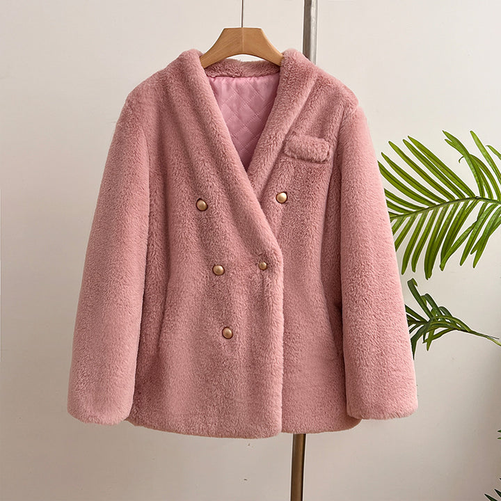 Women's plush jacket with V-neck, warm and windproof