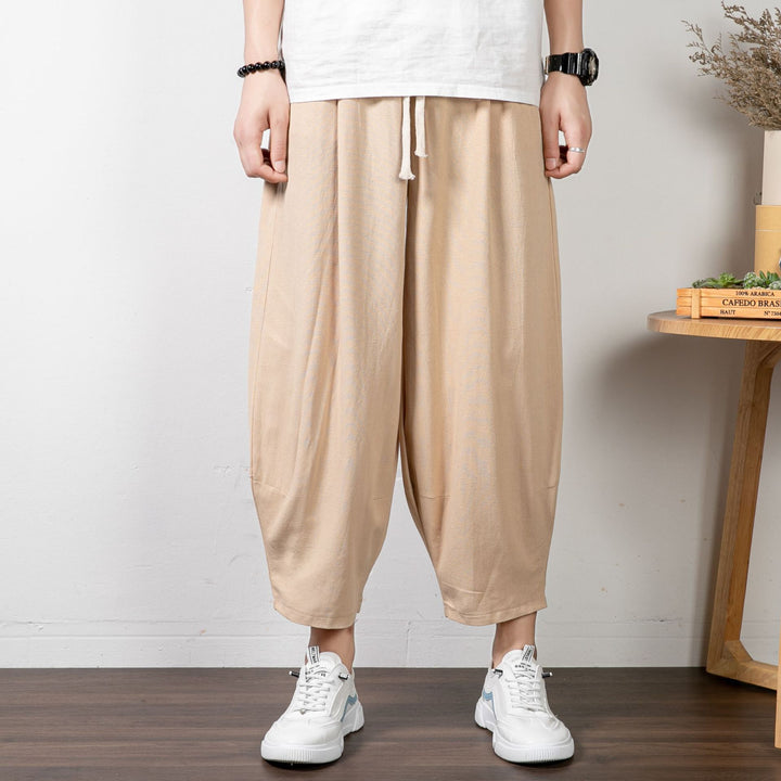 Men's Casual Cropped Harem Pants made of Cotton Blend with Drawstring and Ribbed Ankle Cuffs Mune Fashion