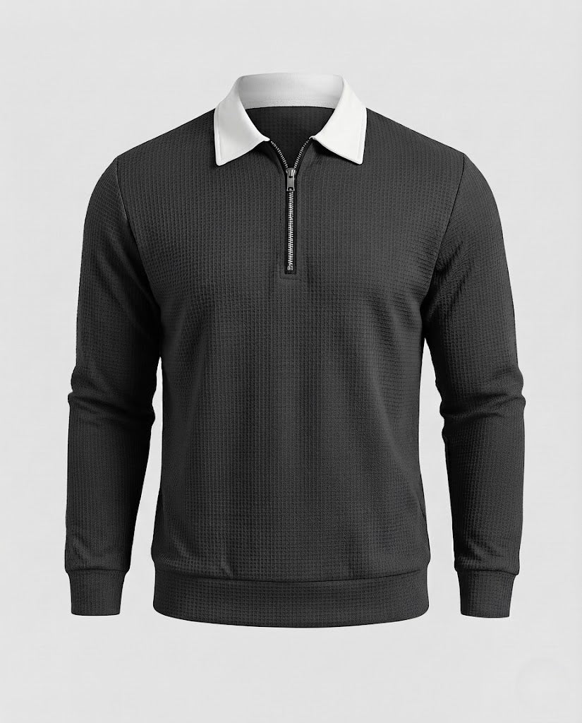 Men's Textured Long Sleeve Polo Shirt in Troyer Style with Contrast Collar and Short Zip Mune Fashion