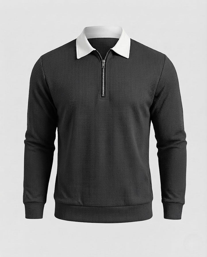 Men's Textured Long Sleeve Polo Shirt in Troyer Style with Contrast Collar and Short Zip Mune Fashion