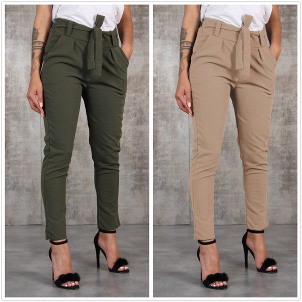 Women's fitted paperbag pants with belt and slim leg Mune Fashion