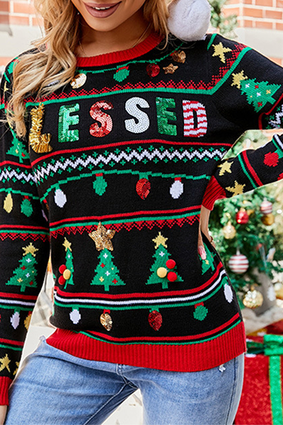 Mune | Casual Letter Christmas Tree Print Sequin Split Joint O Neck Tops
