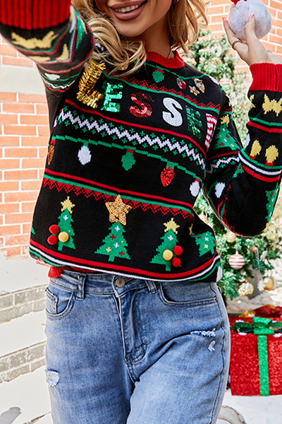 Mune | Casual Letter Christmas Tree Print Sequin Split Joint O Neck Tops