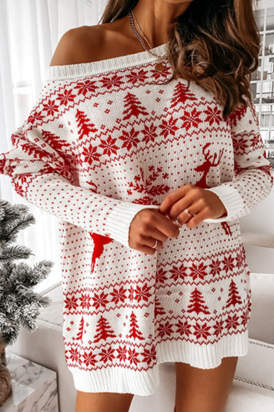 Mune | Casual Wapiti Snowflake Christmas Tree Printed Patchwork Contrast O-Neck Dresses Sweater