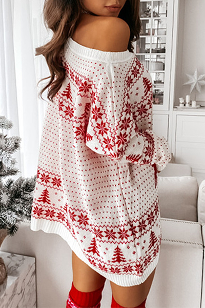 Mune | Casual Wapiti Snowflake Christmas Tree Printed Patchwork Contrast O-Neck Dresses Sweater