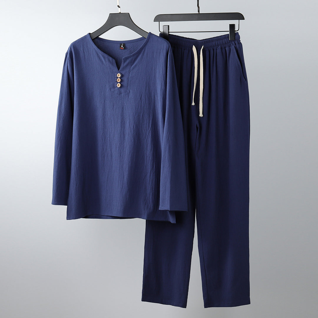 Women Comfortable Cotton Loungewear Set with Henley Neckline and Drawstring Pants Mune Fashion