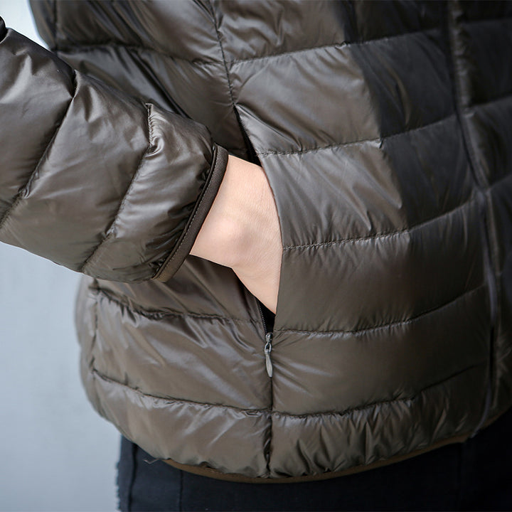 Light men's down jacket, stand-up collar, slim fit