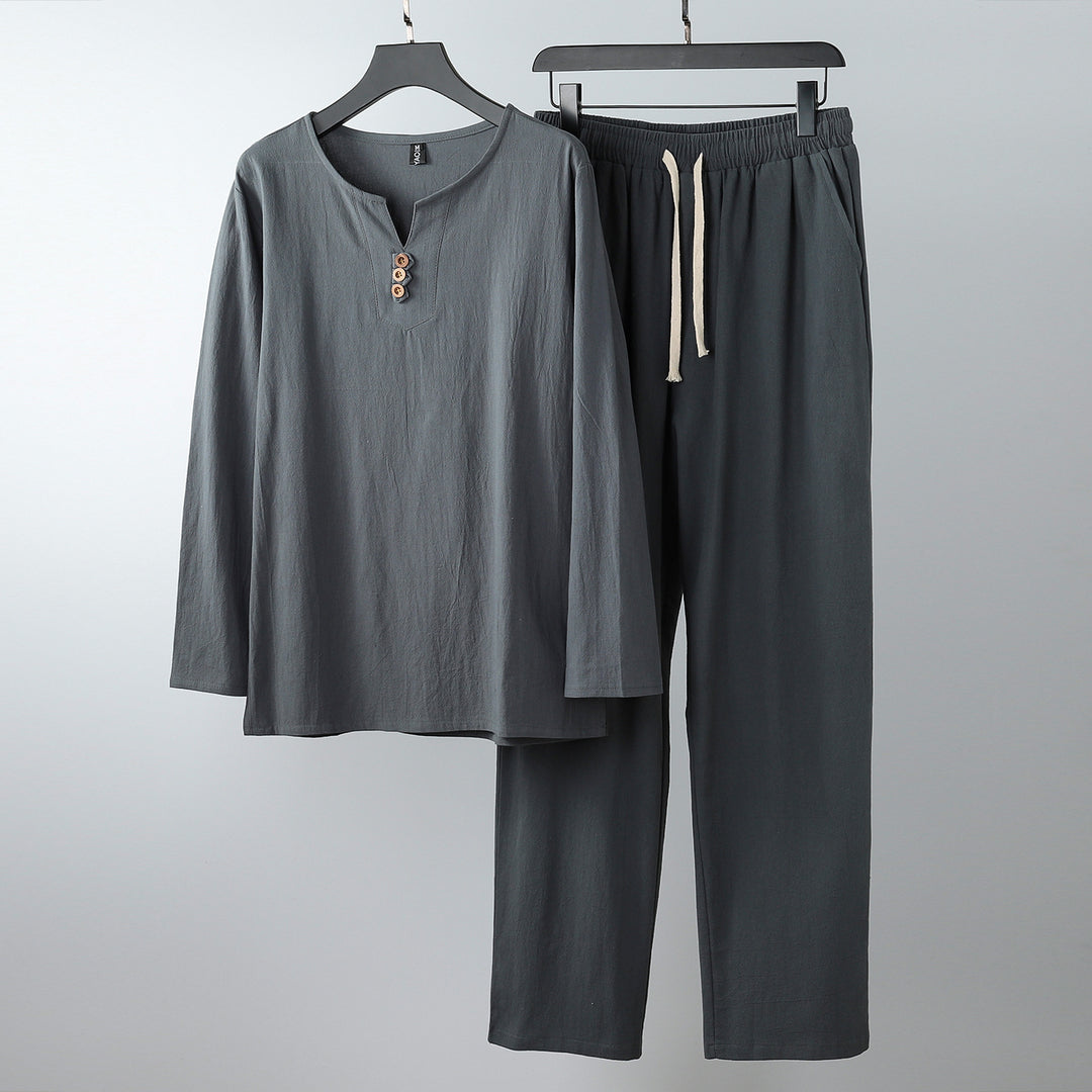 Women Comfortable Cotton Loungewear Set with Henley Neckline and Drawstring Pants Mune Fashion