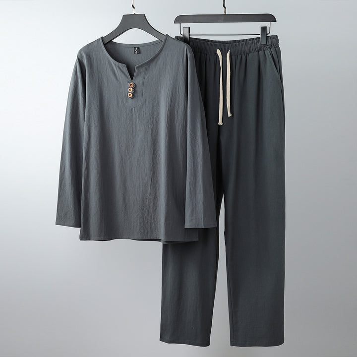 Women Comfortable Cotton Loungewear Set with Henley Neckline and Drawstring Pants Mune Fashion