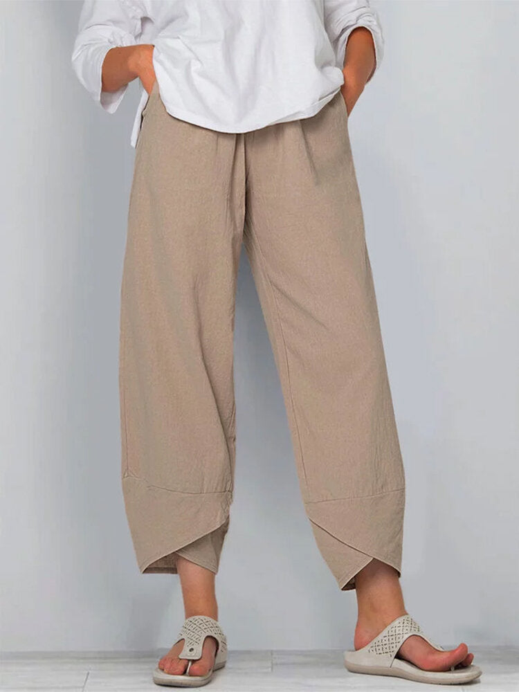 Women's wide-cut linen pants with tulip hem and elastic waistband Mune Fashion