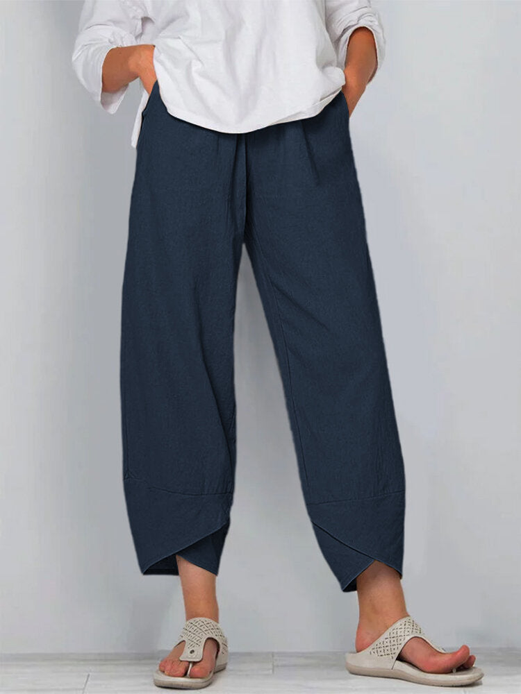 Women's wide-cut linen pants with tulip hem and elastic waistband Mune Fashion