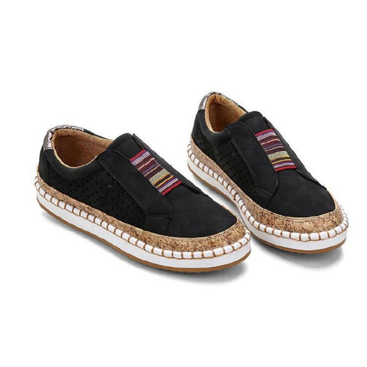 Women's casual suede slip-ons with perforation, elastic insert, and cork trim Mune Fashion
