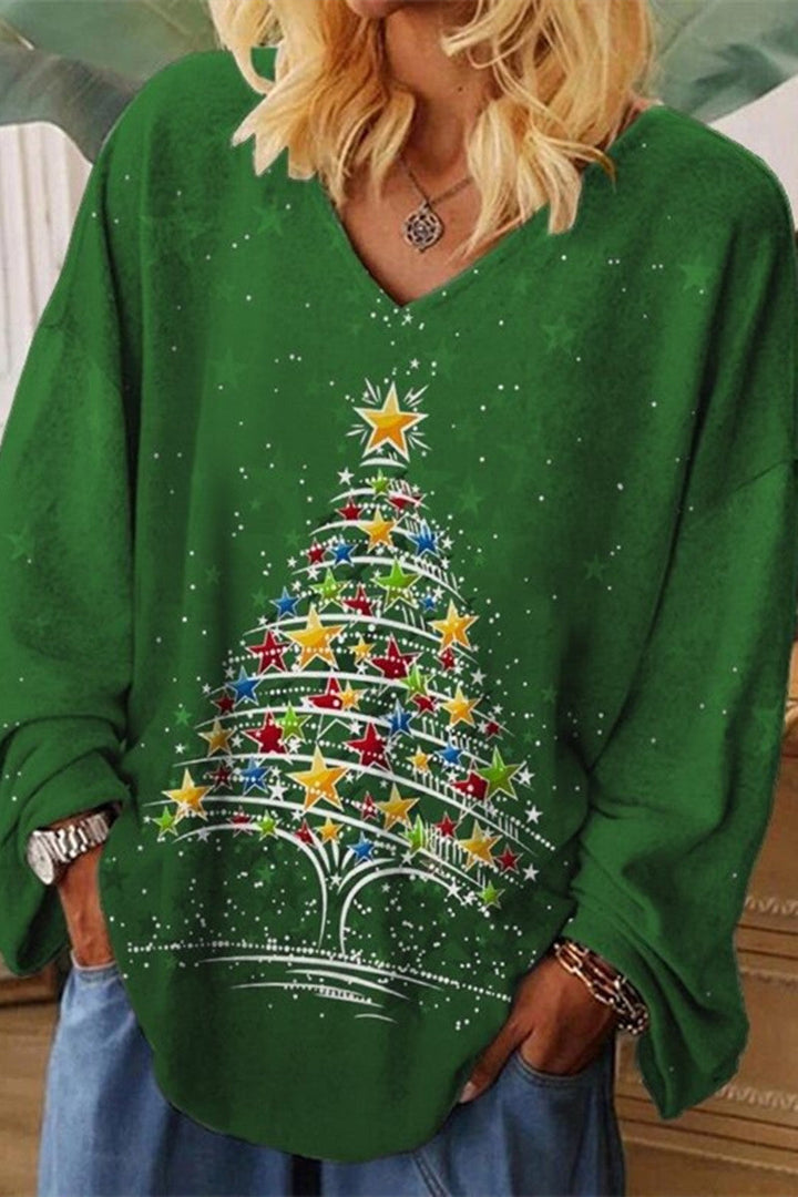 Mune | Casual Christmas Tree Printed Patchwork V-Neck Tops