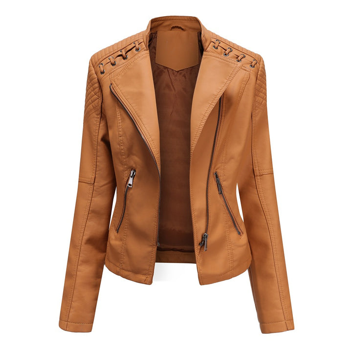Women's short biker jacket made of faux leather with decorative eyelet lacing on the shoulders Mune Fashion